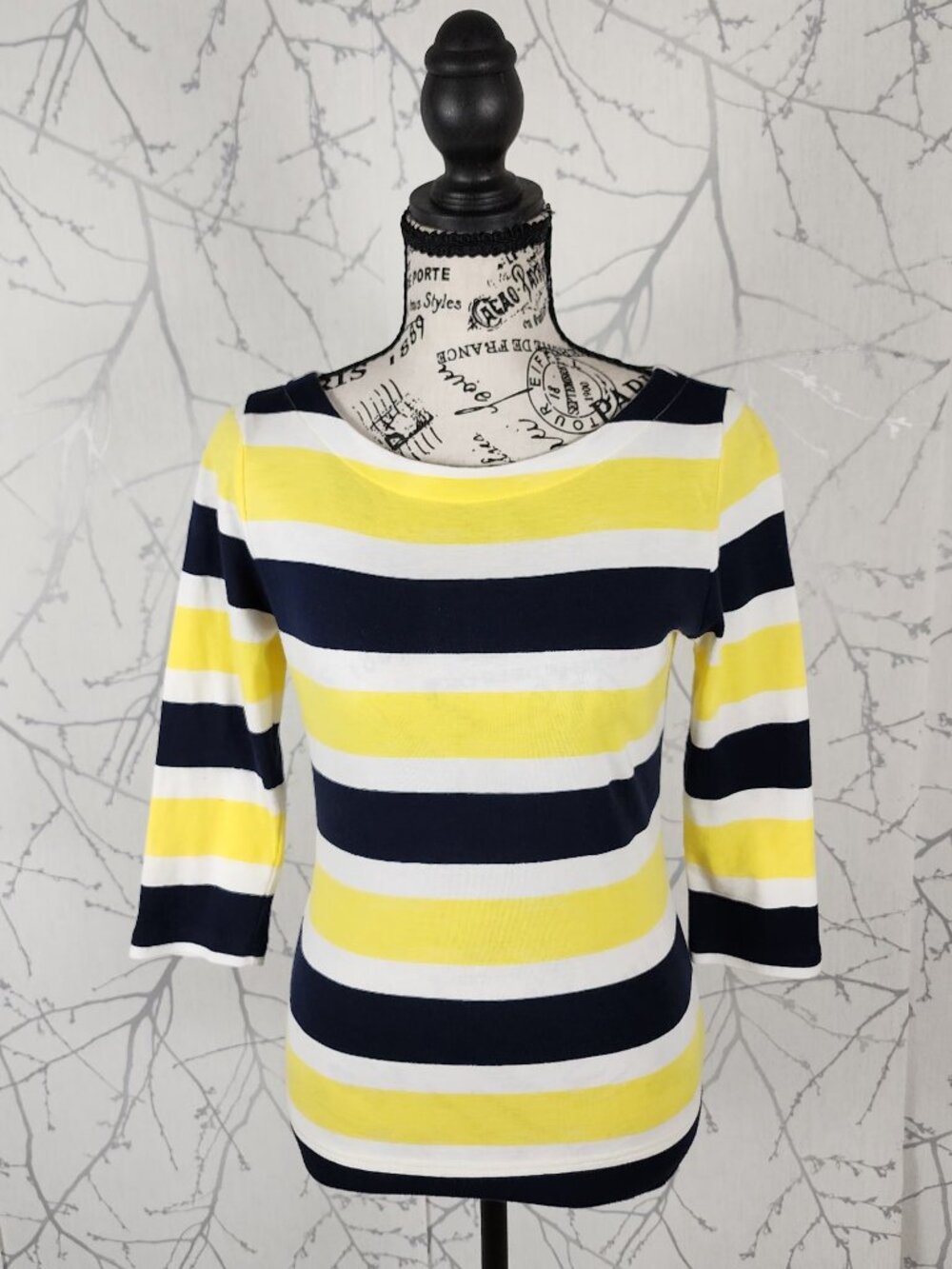 Lauren Ralph Lauren Yellow Stripe Cotton Jersey Boat Neck Top